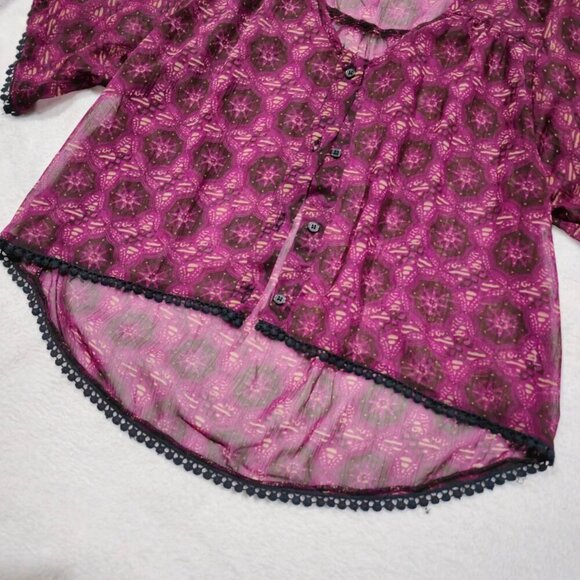 Band of Gypsies Sheer Boho Kimono Top โ Purple Print Crochet Trim Blouse | XS - Picture 9 of 11